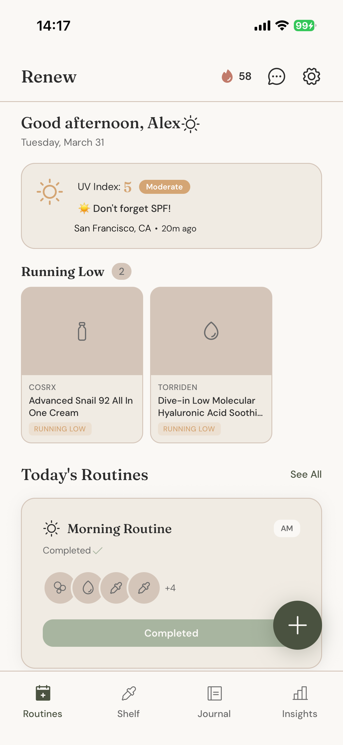Home screen with UV index and routines