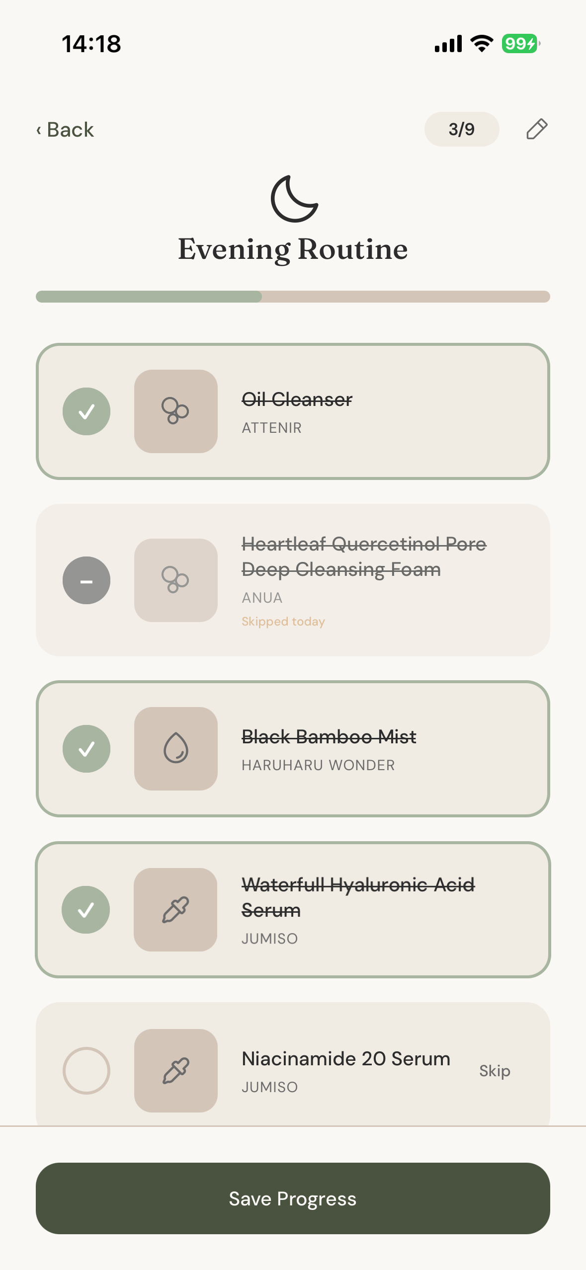 Evening routine tracker