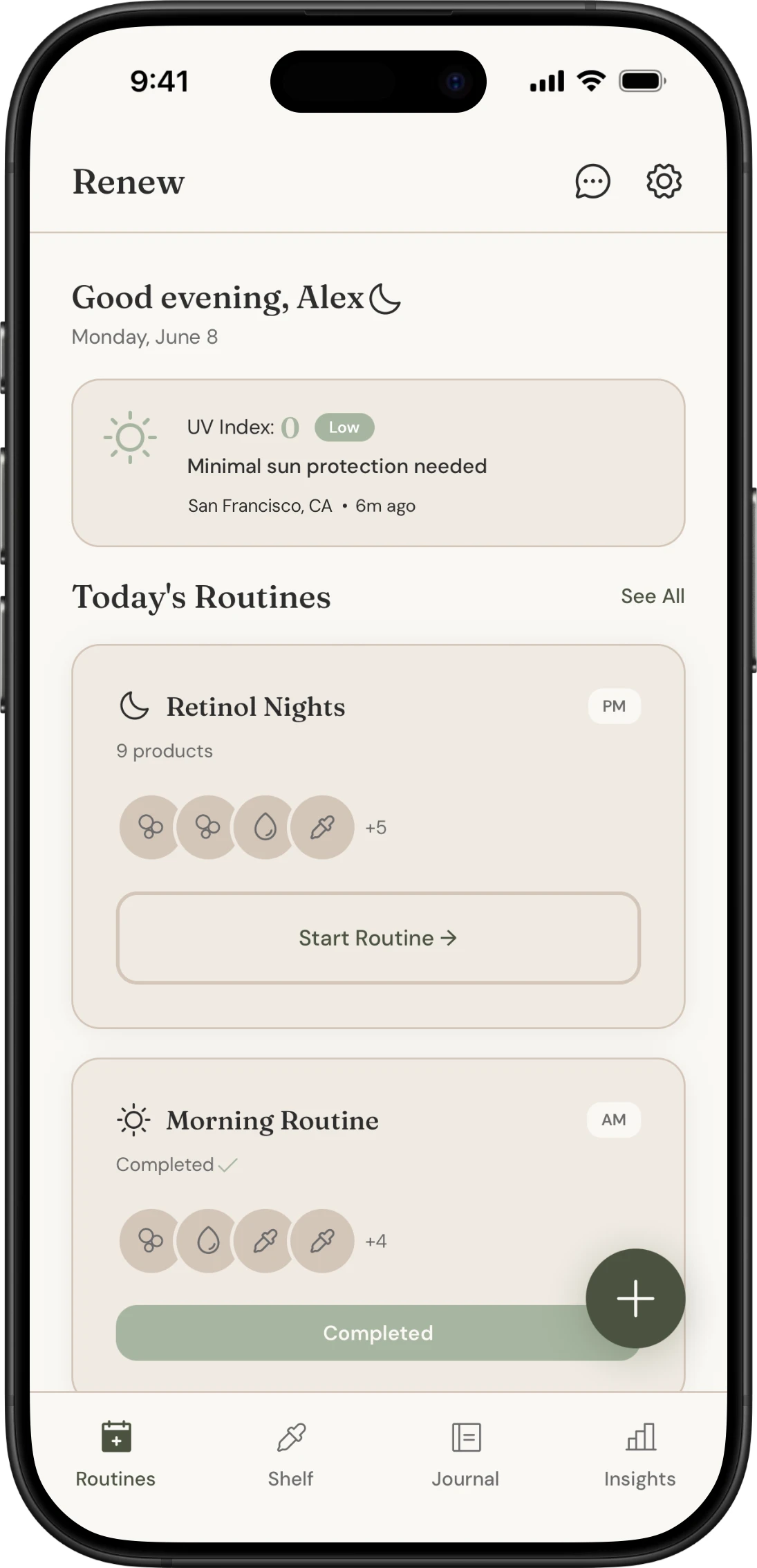 Home screen with evening greeting, UV index, and today's routines