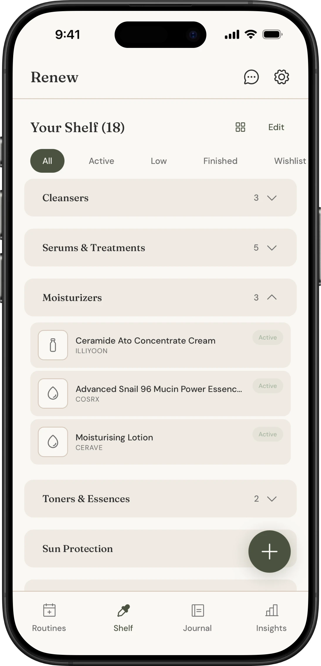Your shelf, with products organized by category