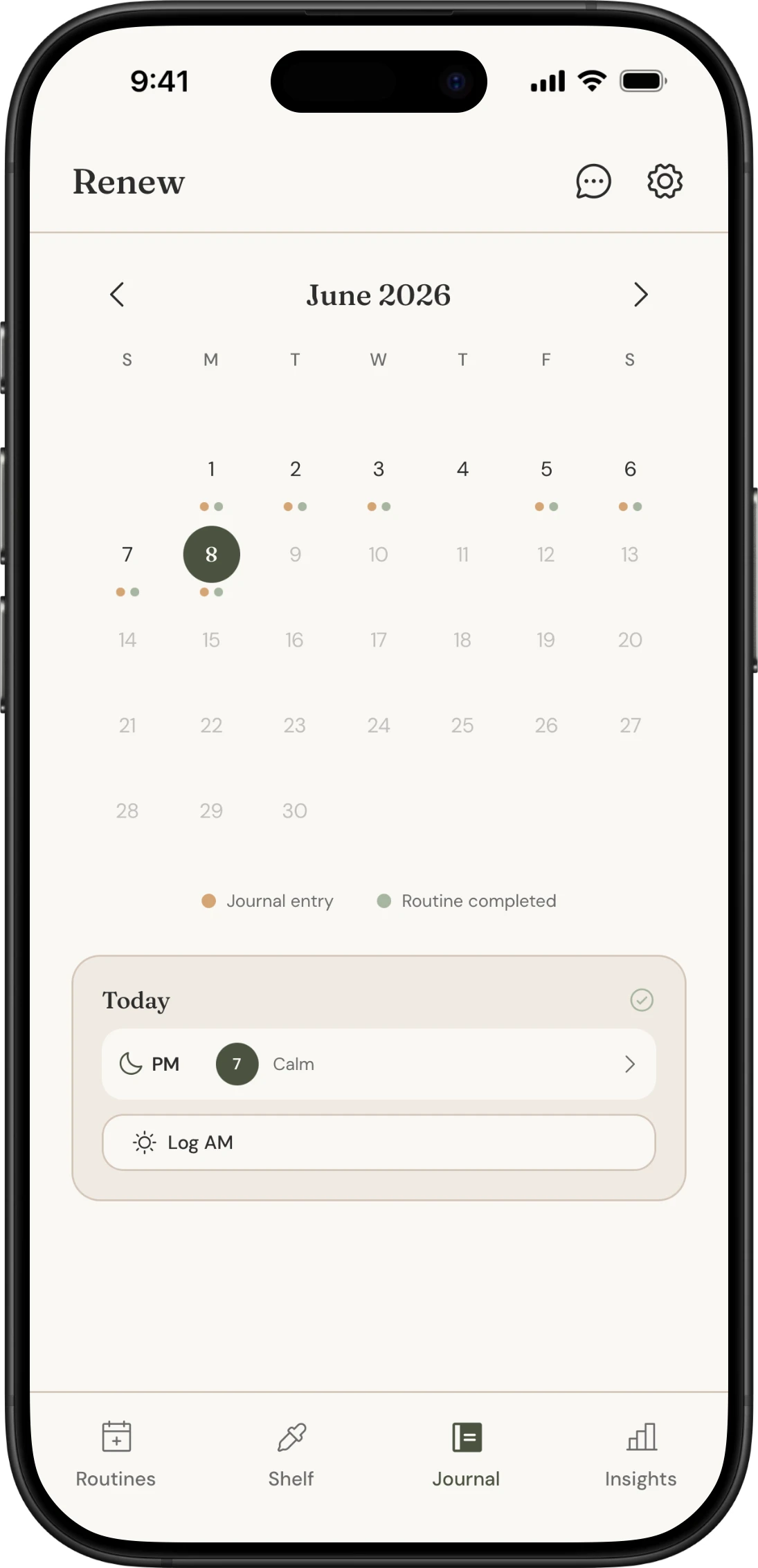 Journal calendar showing logged entries and completed routines